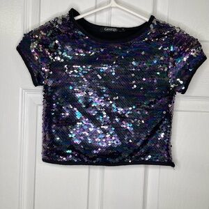 Girls Sequin Crop Top Size 8 George Purple Blue Sparkle Party Shirt